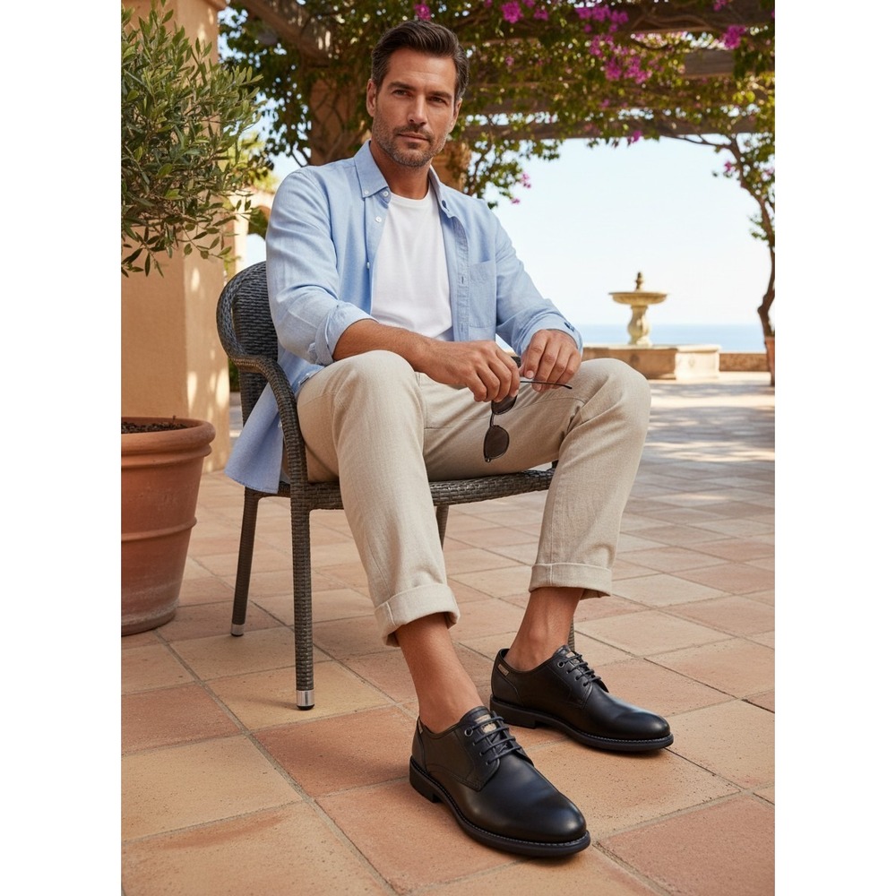 Pikolinos York Derby Shoes Mens 8 EU 41 Black Leather Blue Accents Oxford - Picture 2 of 14